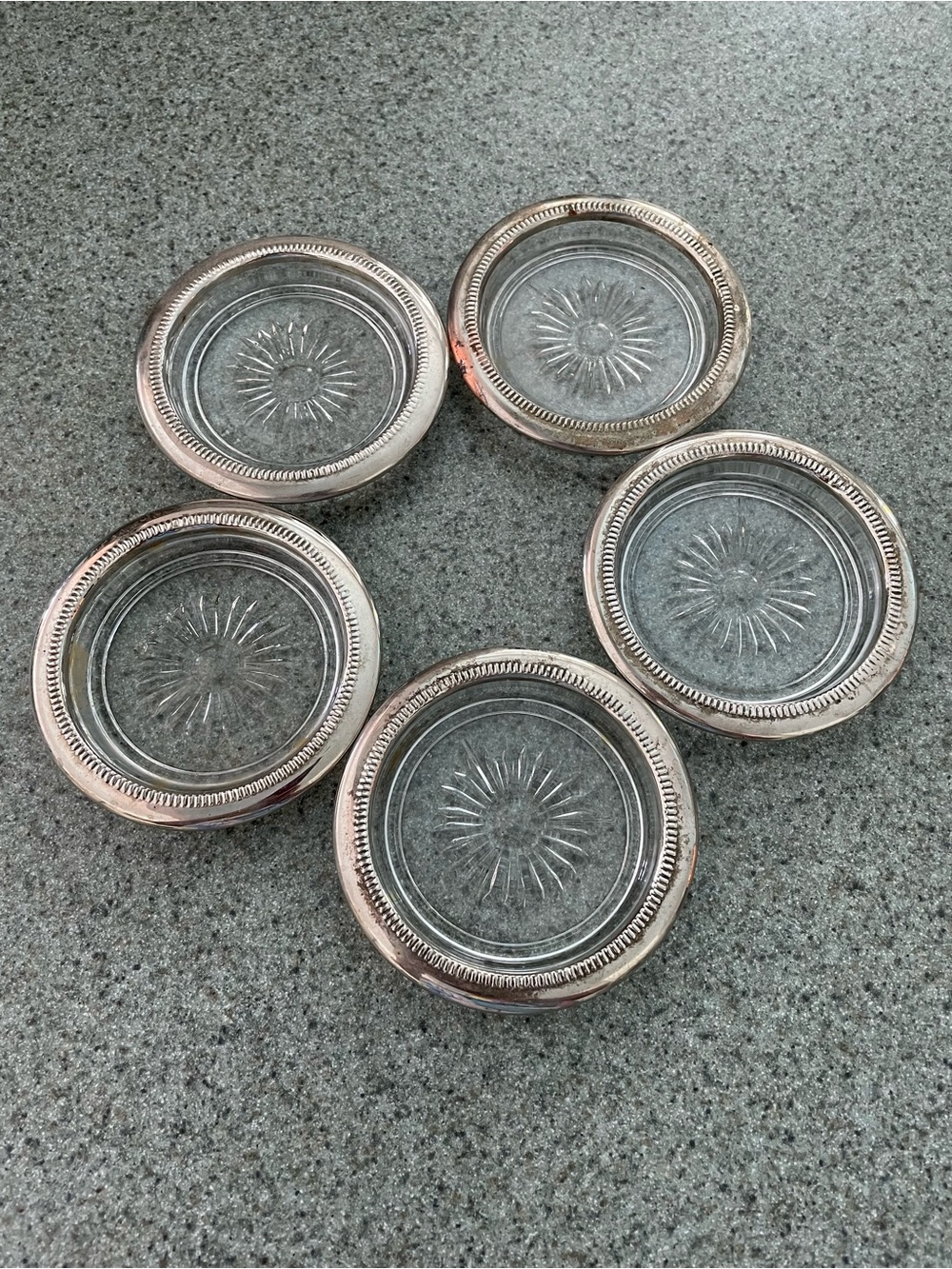 Vintage Set of 5 Silver-Tone Glass Coasters with Starburst Design